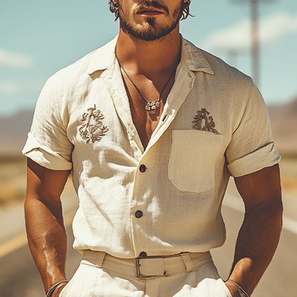 Men's Summer Casual Set | Cotton Linen Embroidered Shirt & Shorts | Western Style | Lightweight Breathable Fabric | Comfortable Relaxed Fit | Ideal for Vacations & Weekends | Without Belt