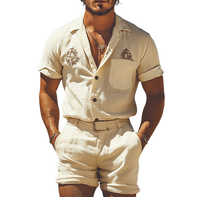 Men's Summer Casual Set | Cotton Linen Embroidered Shirt & Shorts | Western Style | Lightweight Breathable Fabric | Comfortable Relaxed Fit | Ideal for Vacations & Weekends | Without Belt