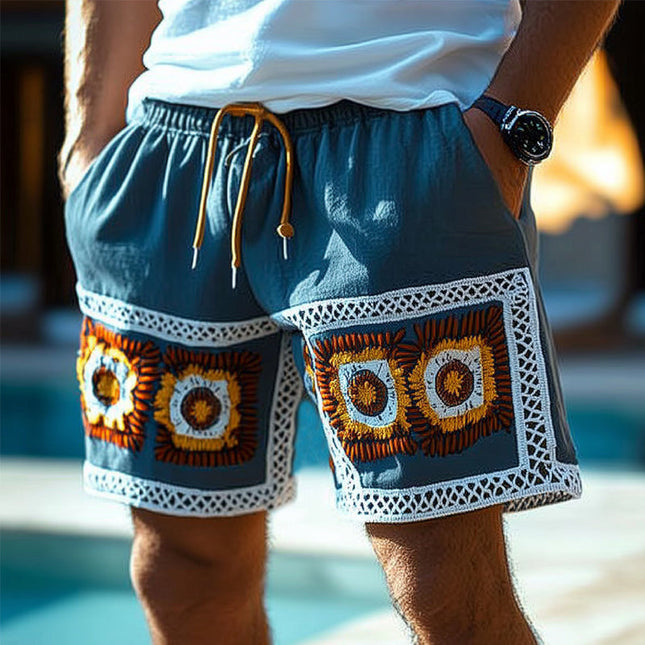 Men's Embroidered Lace-Up Shorts | Summer Fashion | Adjustable Fit | Cotton Blend | Breathable Material | Beach Wear | Elastic Waistband | Versatile Casual Style | Comfortable and Durable | Multiple Colors & Sizes