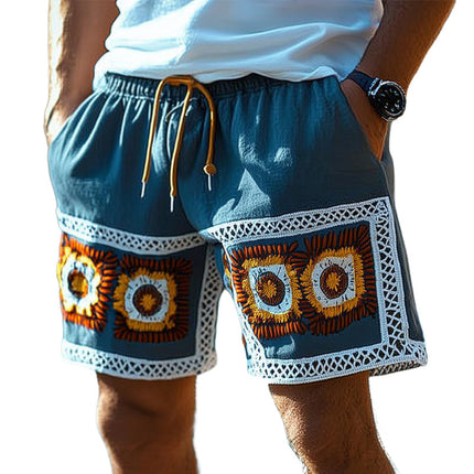 Men's Embroidered Lace-Up Shorts | Summer Fashion | Adjustable Fit | Cotton Blend | Breathable Material | Beach Wear | Elastic Waistband | Versatile Casual Style | Comfortable and Durable | Multiple Colors & Sizes