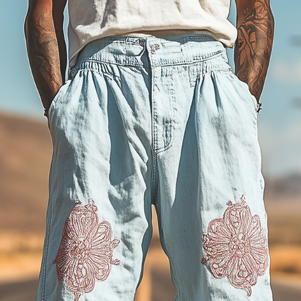 Men's Tencel Denim Pants | Spring Summer Fashion | Casual Western Style | Embroidered Design | Breathable Fabric | Versatile and Comfortable | Relaxed Fit | Easy Maintenance | Ideal for Warm Weather