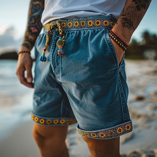 Men's Denim Shorts | Vintage Floral Patchwork | Lace-up Detail | Summer Casual Wear | Adjustable Fit | High-Quality Durable Fabric | Retro Style | Sizes S to 3XL