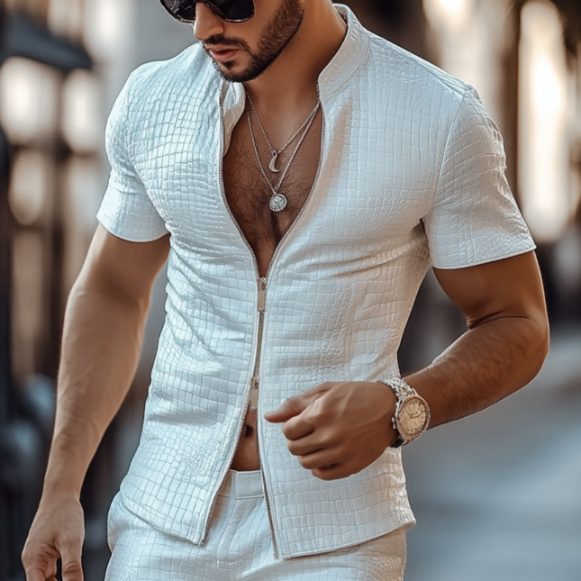 Men's Short Sleeve Shirt | Crocodile Pattern | Faux Leather | Stand Collar | Slim Fit | Fashionable Design | Casual & Formal Wear | Eye-Catching Style | Unique Texture | Stylish Statement Piece | Comfortable & Durable
