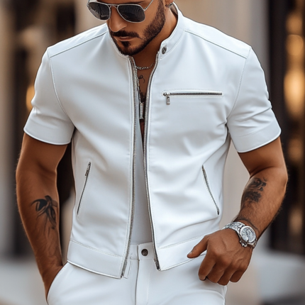 Men's Faux Leather Shirt | Stand Collar | Slim Fit | Multi-Pocket | Short Sleeve | Versatile Styling | Easy Care | Breathable | Sophisticated Look | Casual to Semi-Formal | Comfortable Wear | High-Quality Material