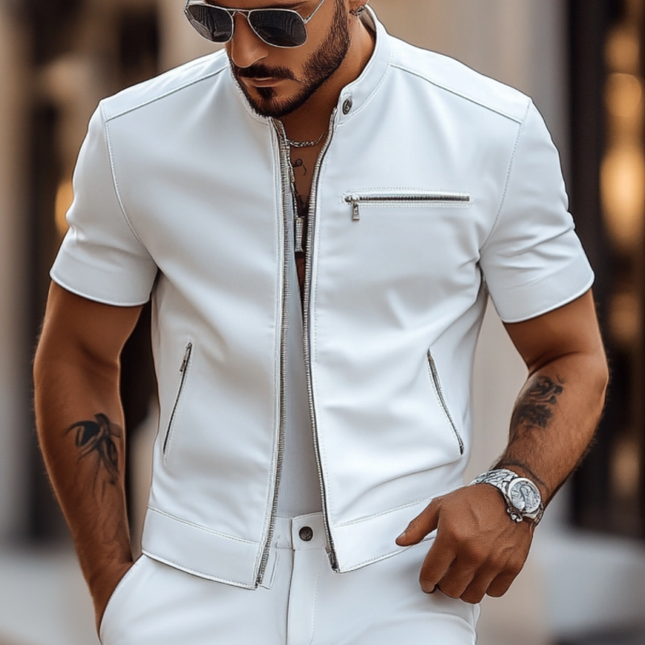 Men's Faux Leather Shirt | Stand Collar | Slim Fit | Multi-Pocket | Short Sleeve | Versatile Styling | Easy Care | Breathable | Sophisticated Look | Casual to Semi-Formal | Comfortable Wear | High-Quality Material
