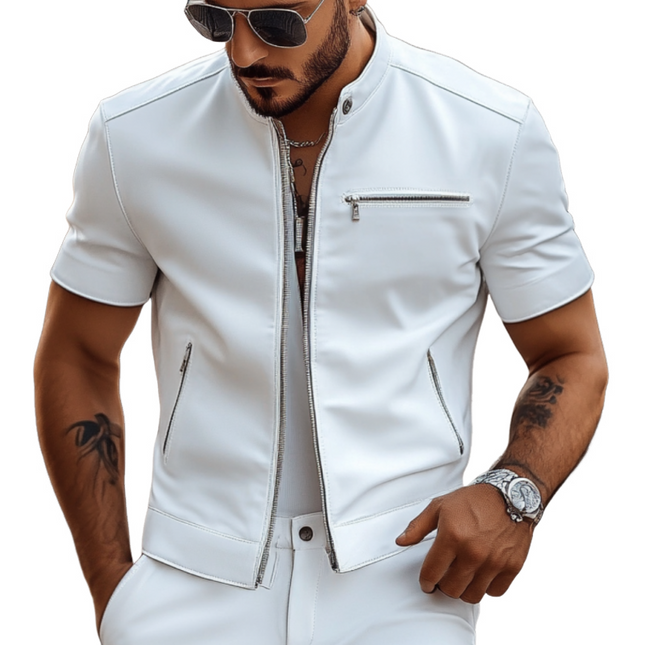 Men's Faux Leather Shirt | Stand Collar | Slim Fit | Multi-Pocket | Short Sleeve | Versatile Styling | Easy Care | Breathable | Sophisticated Look | Casual to Semi-Formal | Comfortable Wear | High-Quality Material