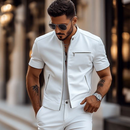 Men's Faux Leather Shirt | Stand Collar | Slim Fit | Multi-Pocket | Short Sleeve | Versatile Styling | Easy Care | Breathable | Sophisticated Look | Casual to Semi-Formal | Comfortable Wear | High-Quality Material