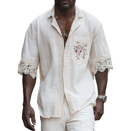 Men's Retro Embroidered Lace Short Sleeve Shirt | Summer Fashion | Vintage Style | Casual & Formal Wear | Breathable Fabric | Classic Look | Modern Design | Sophisticated | Statement Piece