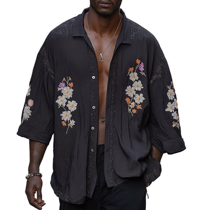 Men's Vintage Embroidered Long Sleeve Shirt | Summer Fashion | Breathable Fabric | Easy Care | Classic Elegance