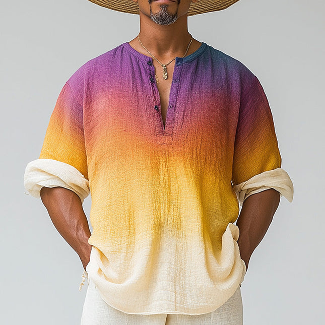 Men's Gradient Long Sleeve T-shirt | Cotton Linen Blend | Summer Fashion Shirt | Breathable Casual Top | Relaxed Fit | Stylish Printed Design | Versatile Wardrobe Essential