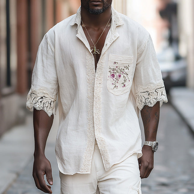 Men's Retro Embroidered Lace Short Sleeve Shirt | Summer Fashion | Vintage Style | Casual & Formal Wear | Breathable Fabric | Classic Look | Modern Design | Sophisticated | Statement Piece