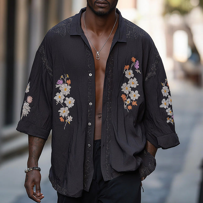 Men's Vintage Embroidered Long Sleeve Shirt | Summer Fashion | Breathable Fabric | Easy Care | Classic Elegance