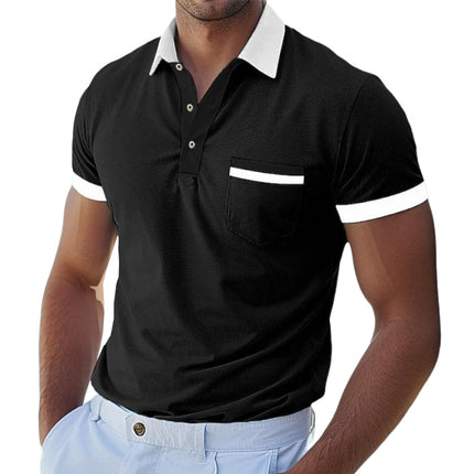 Men's Polo Shirt | Slim Fit | Contrast Patchwork | Lapel Collar | Short Sleeve | Cotton Casual Top | Versatile Styling | Breathable & Comfortable