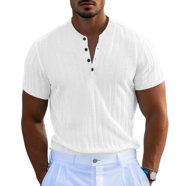 Men's Knitted Jacquard Cotton Henley T-Shirt | Slim Fit Short Sleeve Top | Casual Comfort & Style | Buttoned Placket Design | Versatile Warm Weather Wear | Easy Care | Multiple Sizes Available