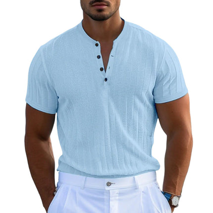Men's Knitted Jacquard Cotton Henley T-Shirt | Slim Fit Short Sleeve Top | Casual Comfort & Style | Buttoned Placket Design | Versatile Warm Weather Wear | Easy Care | Multiple Sizes Available