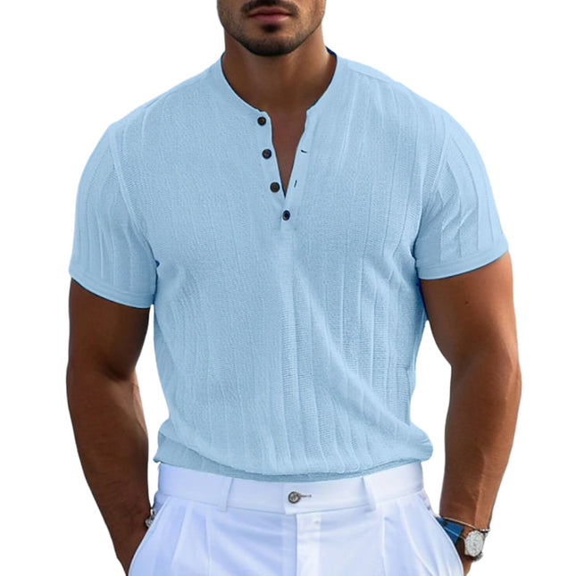 Men's Knitted Jacquard Cotton Henley T-Shirt | Slim Fit Short Sleeve Top | Casual Comfort & Style | Buttoned Placket Design | Versatile Warm Weather Wear | Easy Care | Multiple Sizes Available