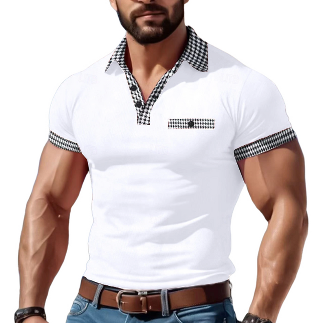 Men's Cotton Houndstooth Patchwork Slim Fit T-Shirt | Short Sleeve | Lapel Collar | Casual Style | Breathable Fabric | Versatile Wear | Tailored Fit | Fashion Forward | Comfortable | Multiple Sizes