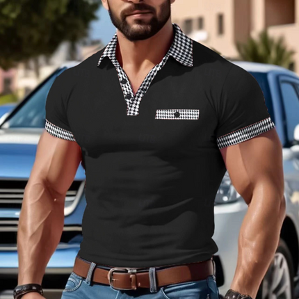 Men's Cotton Houndstooth Patchwork Slim Fit T-Shirt | Short Sleeve | Lapel Collar | Casual Style | Breathable Fabric | Versatile Wear | Tailored Fit | Fashion Forward | Comfortable | Multiple Sizes
