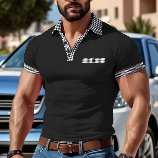 Men's Cotton Houndstooth Patchwork Slim Fit T-Shirt | Short Sleeve | Lapel Collar | Casual Style | Breathable Fabric | Versatile Wear | Tailored Fit | Fashion Forward | Comfortable | Multiple Sizes