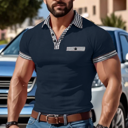 Men's Cotton Houndstooth Patchwork Slim Fit T-Shirt | Short Sleeve | Lapel Collar | Casual Style | Breathable Fabric | Versatile Wear | Tailored Fit | Fashion Forward | Comfortable | Multiple Sizes