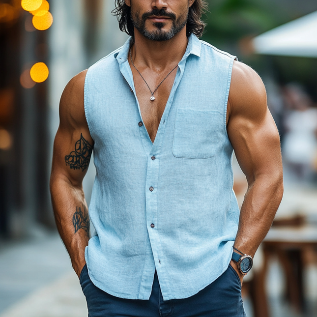 Men's Sleeveless Shirt | Casual Cotton Linen Blend | Breathable Loose Lapel Collar | Summer Comfort | Versatile Styling Options | Easy Care