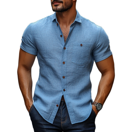 Men's Casual Shirt | Cotton Linen Blend | Breathable Slim Fit | Short Sleeve | Lapel Collar | Versatile Style | Summer Fashion | Comfortable & Stylish | Easy Care | Casual & Semi-Formal Wear