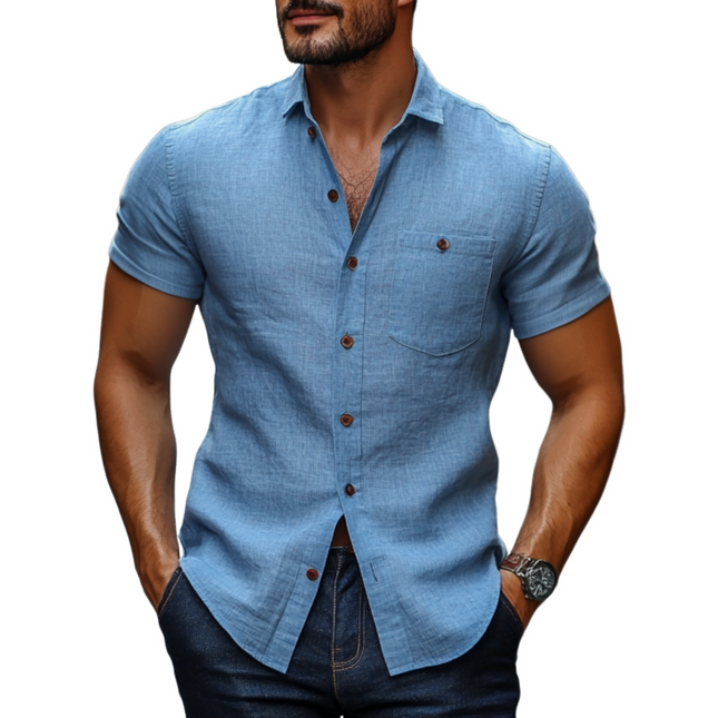 Men's Casual Shirt | Cotton Linen Blend | Breathable Slim Fit | Short Sleeve | Lapel Collar | Versatile Style | Summer Fashion | Comfortable & Stylish | Easy Care | Casual & Semi-Formal Wear