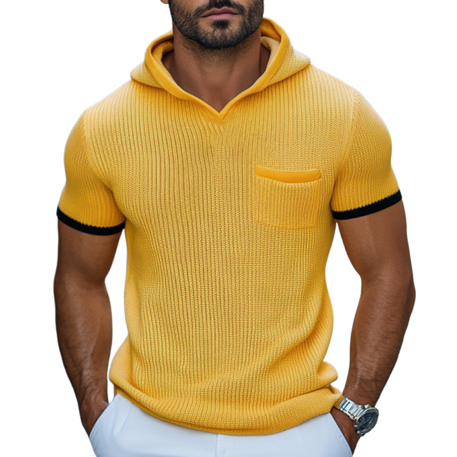 Men's Contrast Color Knit Hooded Sweater | Soft Slim Fit Short Sleeve | Casual Patch Pocket Top | Stylish Knitwear for Versatile Outfits | Comfortable Casual Sweater for Men