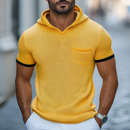 Men's Contrast Color Knit Hooded Sweater | Soft Slim Fit Short Sleeve | Casual Patch Pocket Top | Stylish Knitwear for Versatile Outfits | Comfortable Casual Sweater for Men