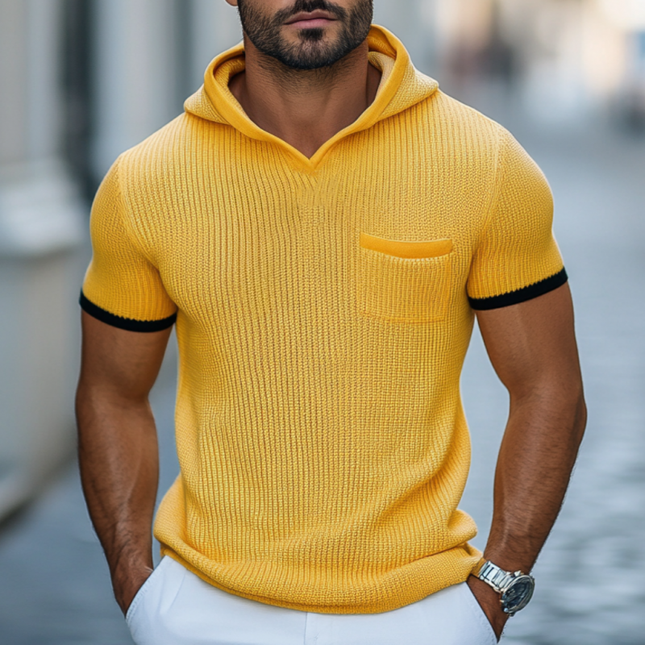 Men's Contrast Color Knit Hooded Sweater | Soft Slim Fit Short Sleeve | Casual Patch Pocket Top | Stylish Knitwear for Versatile Outfits | Comfortable Casual Sweater for Men