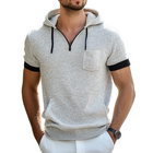Men's V-Neck Hooded Sweater | Contrast Color Short Sleeve | Slim Fit Knit Top with Kangaroo Pocket | Casual Stylish Apparel for Men