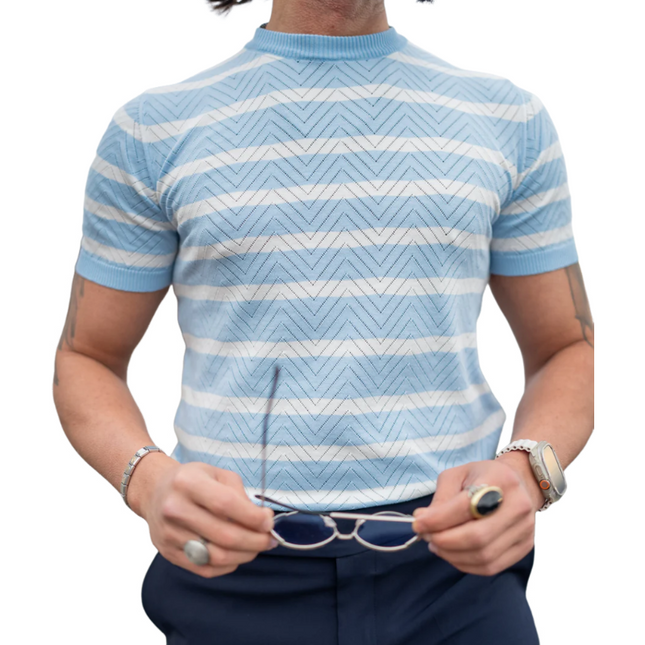 Men's Breathable Knitted Sweater | Stand Collar Short Sleeve Top | Wavy Striped Slim Fit | Casual Summer Shirt | Comfort Wear | Stylish Men's Clothing | Versatile Fashion for Warm Weather | Multiple Sizes Available