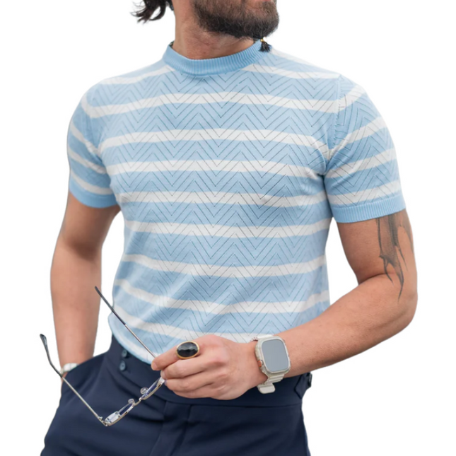 Men's Breathable Knitted Sweater | Stand Collar Short Sleeve Top | Wavy Striped Slim Fit | Casual Summer Shirt | Comfort Wear | Stylish Men's Clothing | Versatile Fashion for Warm Weather | Multiple Sizes Available