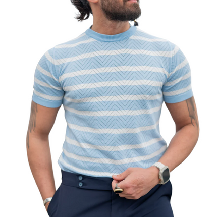 Men's Breathable Knitted Sweater | Stand Collar Short Sleeve Top | Wavy Striped Slim Fit | Casual Summer Shirt | Comfort Wear | Stylish Men's Clothing | Versatile Fashion for Warm Weather | Multiple Sizes Available