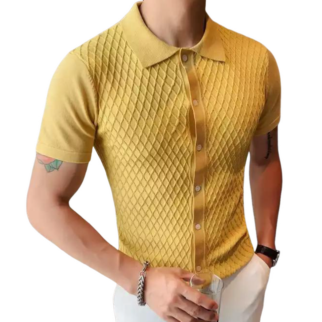 Men's Short Sleeve Jacquard Knitted Cardigan | Slim Fit | Single Breasted | Casual Lapel Collar | Stylish Outerwear for Casual & Smart-Casual Occasions