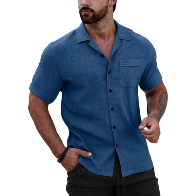 Men's Short Sleeve Shirt | Casual Cotton Blend | Pleated Lapel | Patch Pocket | Slim Fit | Breathable & Stylish | Versatile Fashion | Ideal for Warm Weather Events | Available in Multiple Sizes