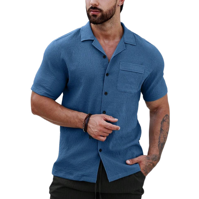 Men's Short Sleeve Shirt | Casual Cotton Blend | Pleated Lapel | Patch Pocket | Slim Fit | Breathable & Stylish | Versatile Fashion | Ideal for Warm Weather Events | Available in Multiple Sizes