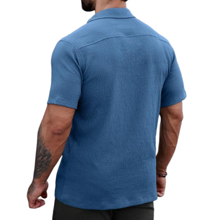 Men's Short Sleeve Shirt | Casual Cotton Blend | Pleated Lapel | Patch Pocket | Slim Fit | Breathable & Stylish | Versatile Fashion | Ideal for Warm Weather Events | Available in Multiple Sizes