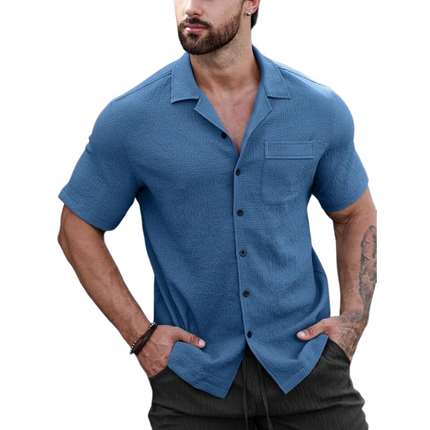 Men's Short Sleeve Shirt | Casual Cotton Blend | Pleated Lapel | Patch Pocket | Slim Fit | Breathable & Stylish | Versatile Fashion | Ideal for Warm Weather Events | Available in Multiple Sizes