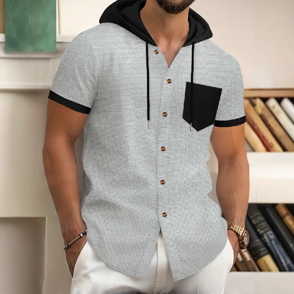 Men's Hooded Short Sleeve Shirt | Casual Cotton Blend | Waffle Texture | Contrast Color Stitching | Comfortable Soft Fabric | Breathable & Durable | Versatile Style | Athletic & Casual Wear