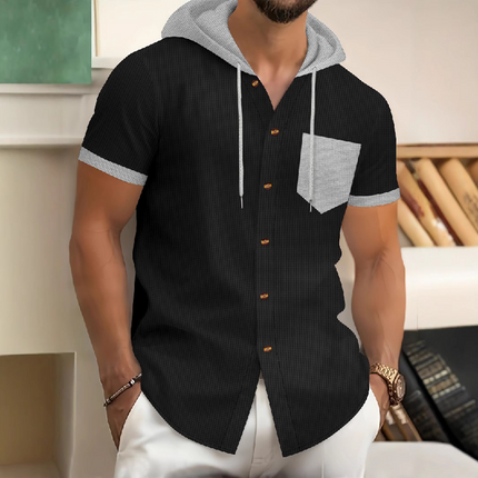 Men's Hooded Short Sleeve Shirt | Casual Cotton Blend | Waffle Texture | Contrast Color Stitching | Comfortable Soft Fabric | Breathable & Durable | Versatile Style | Athletic & Casual Wear