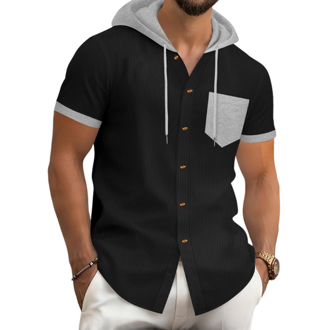 Men's Hooded Short Sleeve Shirt | Casual Cotton Blend | Waffle Texture | Contrast Color Stitching | Comfortable Soft Fabric | Breathable & Durable | Versatile Style | Athletic & Casual Wear