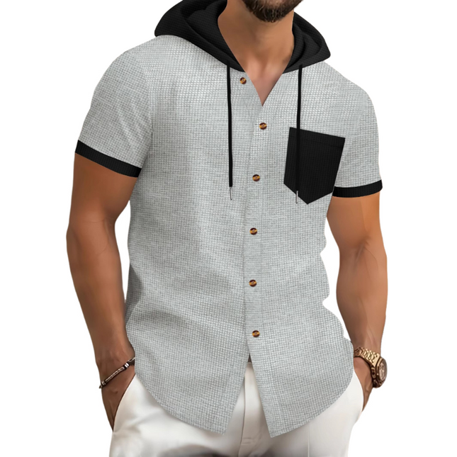 Men's Hooded Short Sleeve Shirt | Casual Cotton Blend | Waffle Texture | Contrast Color Stitching | Comfortable Soft Fabric | Breathable & Durable | Versatile Style | Athletic & Casual Wear