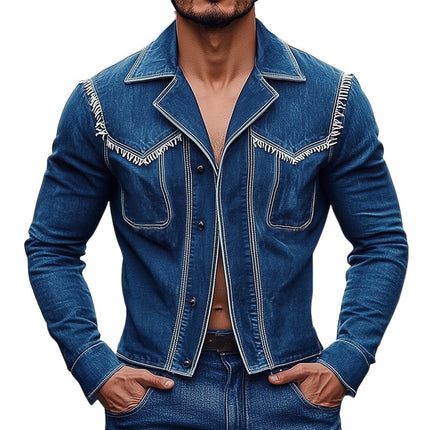 Men's Notched Lapel Fringed Denim Jacket | Stylish Tailored Fit | Classic Silhouette | Button Closures | Chest Pockets | High-Quality Durable Fabric | Versatile Layering Piece | Sizes S to 3XL