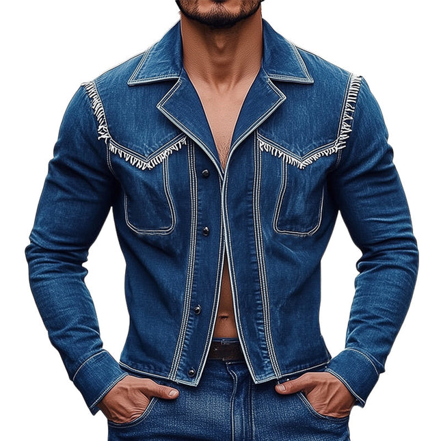 Men's Notched Lapel Fringed Denim Jacket | Stylish Tailored Fit | Classic Silhouette | Button Closures | Chest Pockets | High-Quality Durable Fabric | Versatile Layering Piece | Sizes S to 3XL