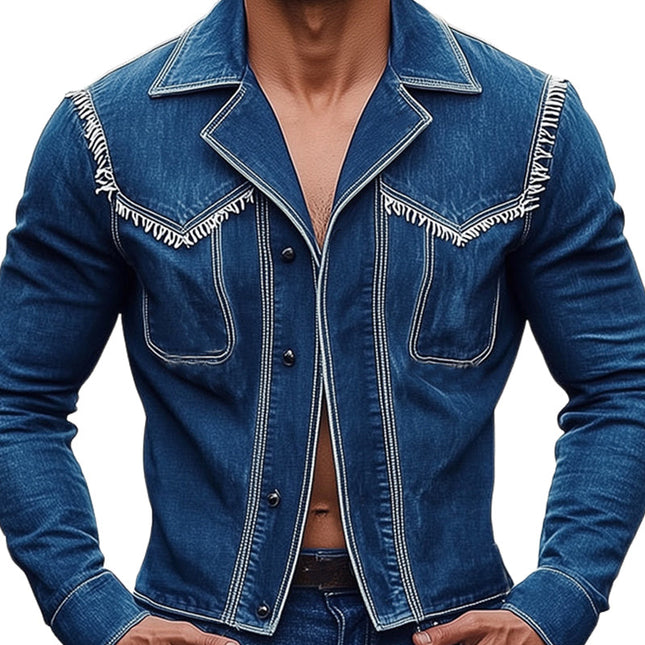 Men's Notched Lapel Fringed Denim Jacket | Stylish Tailored Fit | Classic Silhouette | Button Closures | Chest Pockets | High-Quality Durable Fabric | Versatile Layering Piece | Sizes S to 3XL