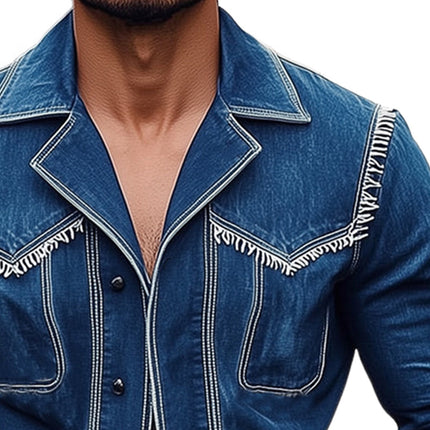 Men's Notched Lapel Fringed Denim Jacket | Stylish Tailored Fit | Classic Silhouette | Button Closures | Chest Pockets | High-Quality Durable Fabric | Versatile Layering Piece | Sizes S to 3XL