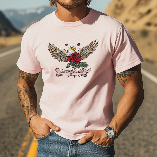 Men's Casual Cotton Blend T-Shirt | Bald Eagle & Rose Embroidery | Short Sleeve | Summer Fashion | Breathable & Comfortable | Versatile Styling | Easy Care | Relaxed Fit
