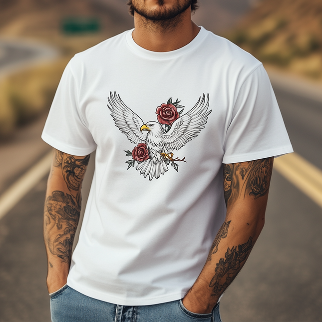 Men's Summer Fashion T-Shirt | Cotton Blend | Bald Eagle & Rose Print | Casual Short Sleeve | Soft & Breathable | Artistic Design | Comfortable Fit | Versatile Style for Any Occasion
