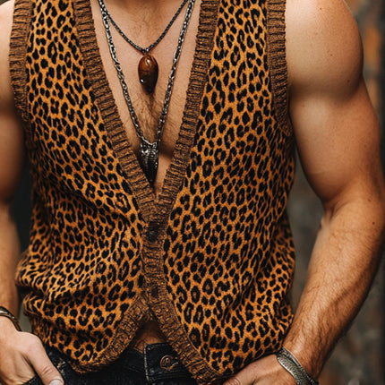 Men's Leopard Jacquard V-Neck Vest | Vintage Style | Unique Pattern | Premium Fabric | Stylish Fit | Versatile Design | Outerwear